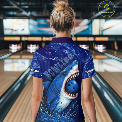 Custom Blue Shark Bowling Polo, Quarter Zip Shirts For Women, Shark Bowling League Shirts NQS10420