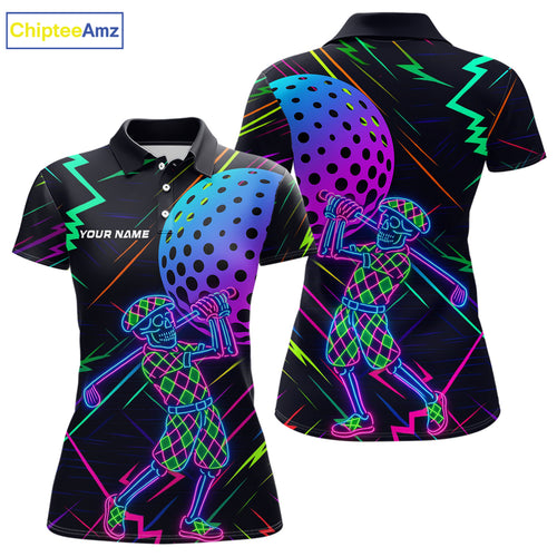 Colorful Neon skull golfer Women golf polo shirt custom golf attire for ladies, cool golf gifts NQS10098