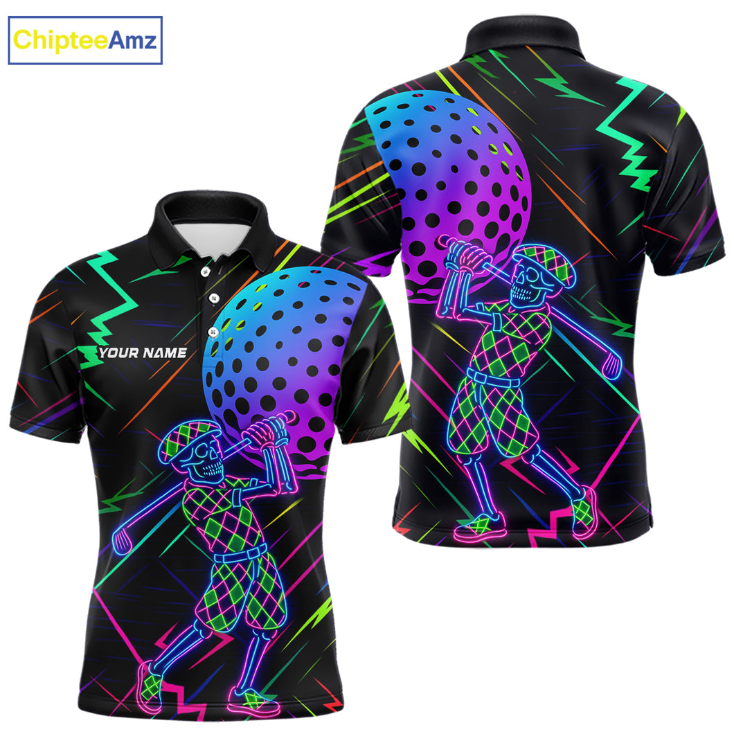 Colorful Neon skull golfer Men golf polo shirt custom golf attire for men, cool golf gifts NQS10098