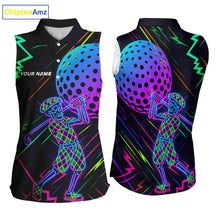 Load image into Gallery viewer, Colorful Neon skull golfer Women Sleeveless polo shirt custom golf attire for ladies, cool golf gifts NQS10098