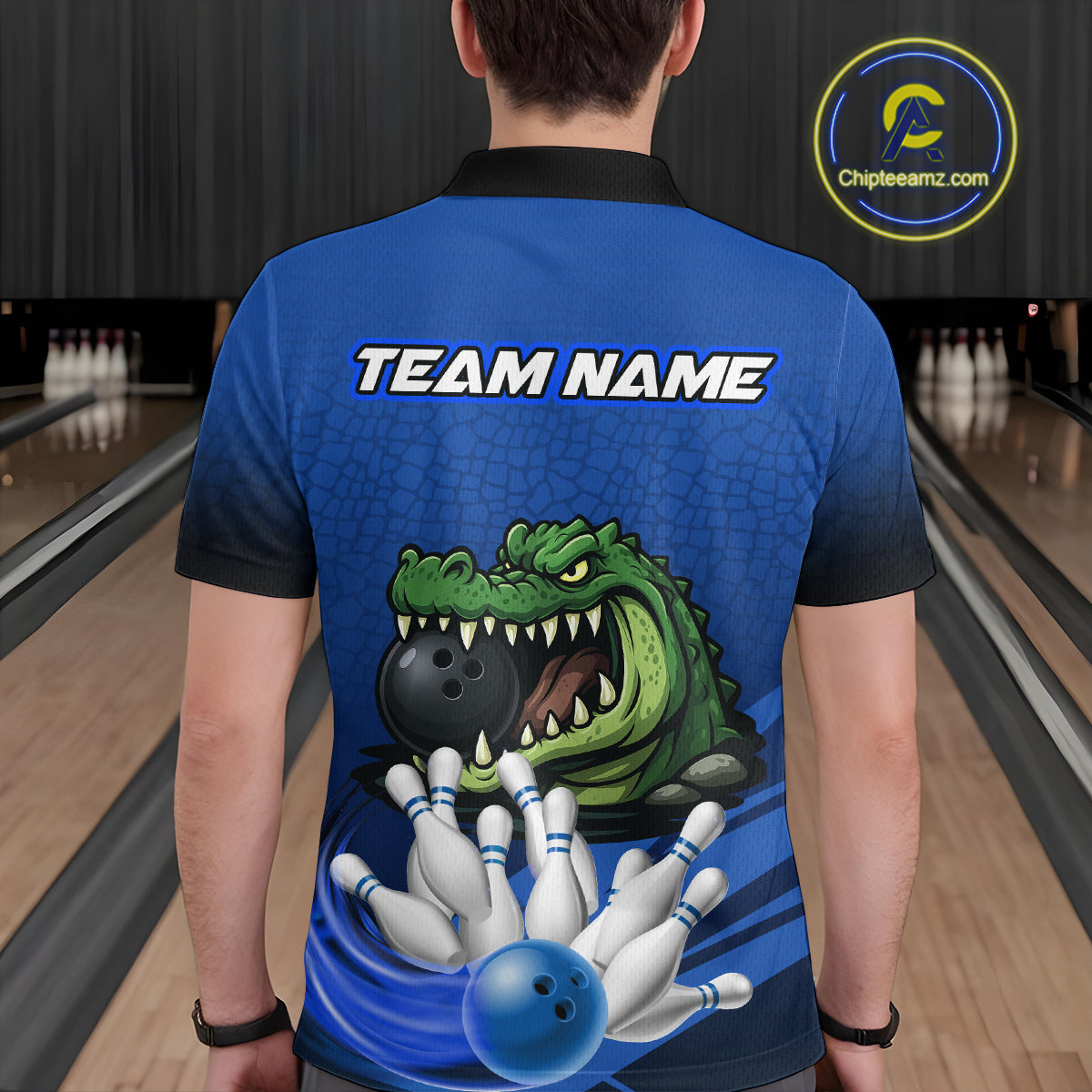 Funny Blue Alligator Bowling Polo, Quarter Zip shirts for Men Custom Team bowling league jersey NQS10630