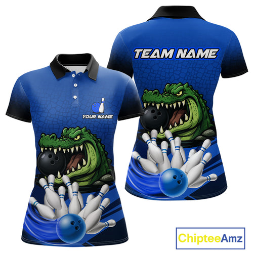 Funny Blue Alligator Bowling Polo, Quarter Zip shirts for Women Custom Team bowling league jersey NQS10630