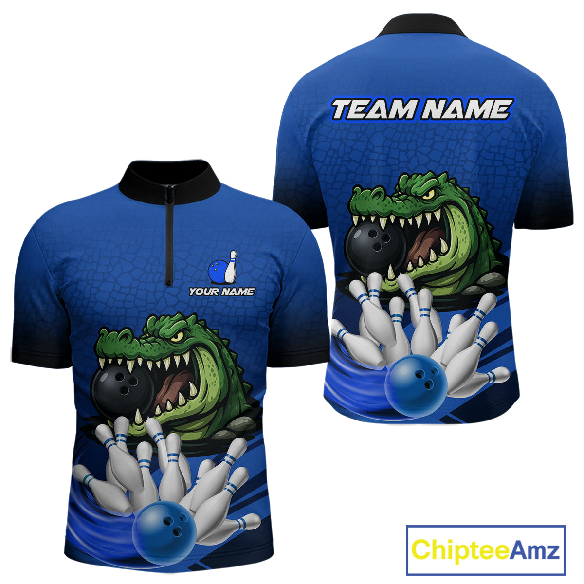 Funny Blue Alligator Bowling Polo, Quarter Zip shirts for Men Custom Team bowling league jersey NQS10630