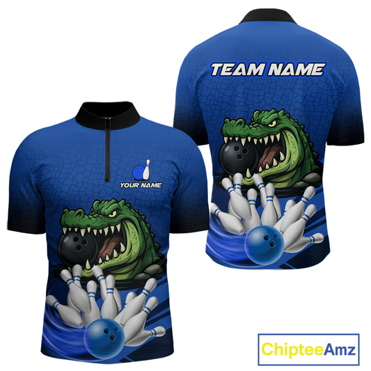 Funny Blue Alligator Bowling Polo, Quarter Zip shirts for Men Custom Team bowling league jersey NQS10630