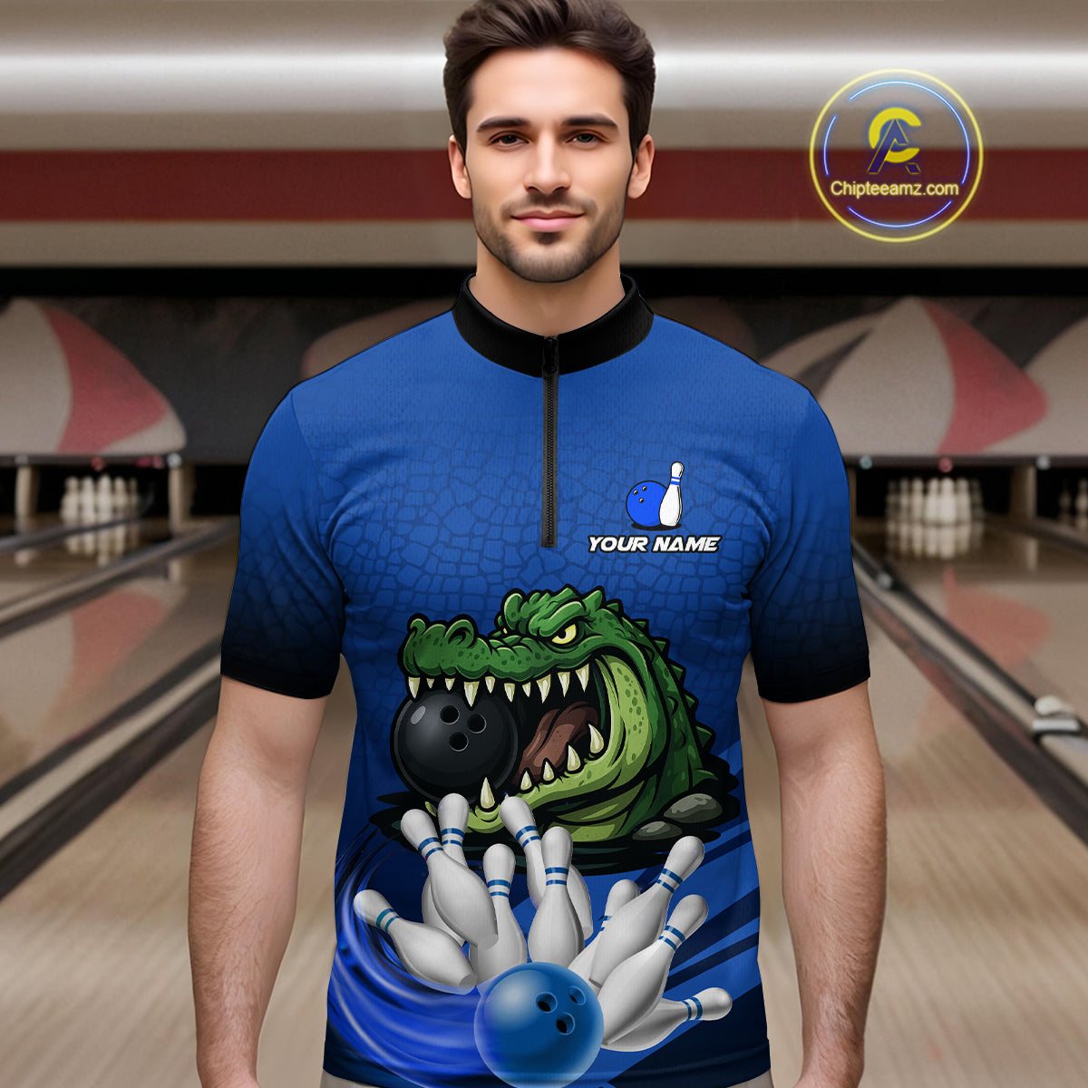 Funny Blue Alligator Bowling Polo, Quarter Zip shirts for Men Custom Team bowling league jersey NQS10630