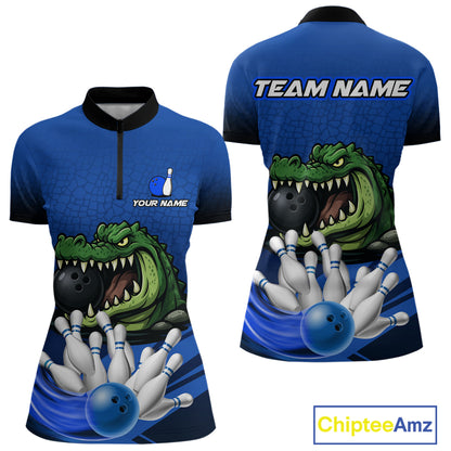 Funny Blue Alligator Bowling Polo, Quarter Zip shirts for Women Custom Team bowling league jersey NQS10630