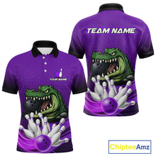 Load image into Gallery viewer, Funny Purple Alligator Bowling Polo, Quarter Zip shirts for Men Custom Team bowling league jersey NQS10631