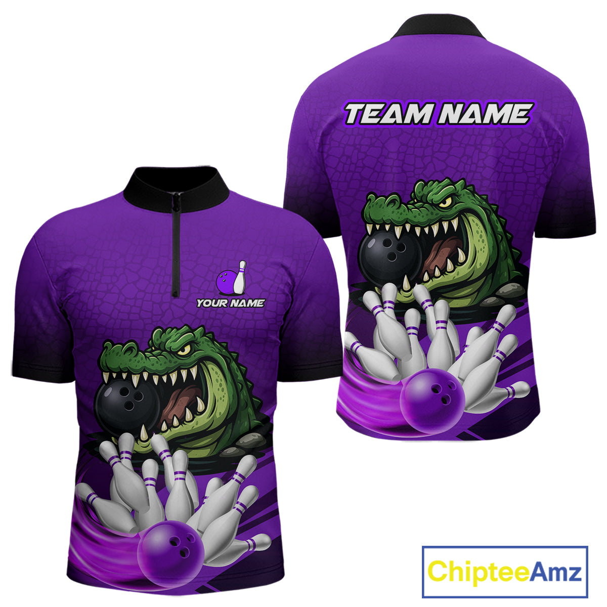 Funny Purple Alligator Bowling Polo, Quarter Zip shirts for Men Custom Team bowling league jersey NQS10631