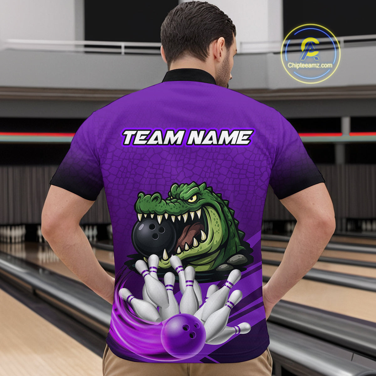 Funny Purple Alligator Bowling Polo, Quarter Zip shirts for Men Custom Team bowling league jersey NQS10631