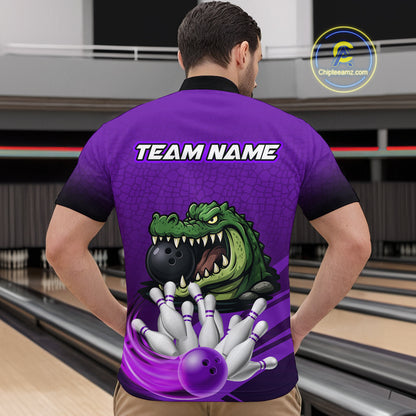 Funny Purple Alligator Bowling Polo, Quarter Zip shirts for Men Custom Team bowling league jersey NQS10631