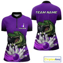 Load image into Gallery viewer, Funny Purple Alligator Bowling Polo, Quarter Zip shirts for Women Custom Team bowling league jersey NQS10631