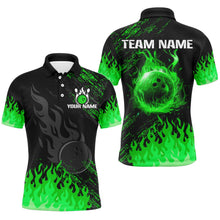 Load image into Gallery viewer, Personalized black and green Flame bowling Polo, Quarter Zip shirts for Men, custom bowling jerseys NQS8292