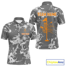 Load image into Gallery viewer, Gray Camo Orange Disc Golf basket Mens Disc golf polo shirts Custom team disc golf jerseys NQS9975