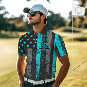 Custom Turquoise Grunge American Flag Patriotic Skull Golf Shirt For Men, Retro Mens Golf top NQS10481