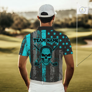Custom Turquoise Grunge American Flag Patriotic Skull Golf Shirt For Men, Retro Mens Golf top NQS10481