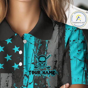Custom Turquoise Grunge American Flag Patriotic Skull Golf Shirt For Women, Retro Ladies Golf top NQS10481