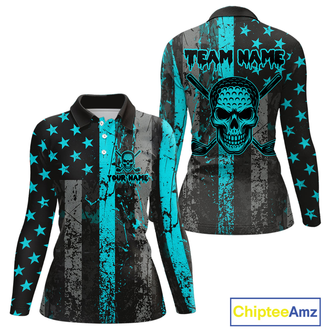 Custom Turquoise Grunge American Flag Patriotic Skull Golf Shirt For Women, Retro Ladies Golf top NQS10481