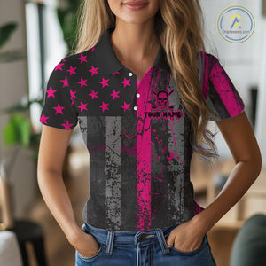 Custom Pink Grunge American Flag Patriotic Skull Golf Shirt For Women, Retro Ladies Golf top NQS10482