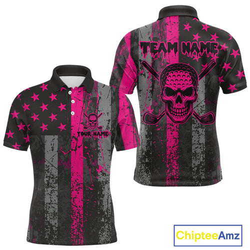 Custom Pink Grunge American Flag Patriotic Skull Golf Shirt For Men, Retro Mens Golf top NQS10482