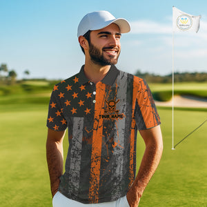 Custom Orange Grunge American Flag Patriotic Skull Halloween Golf Shirt For Men, Retro Mens Golf top NQS10483