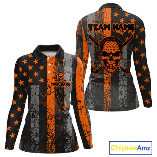 Custom Orange Grunge American Flag Patriotic Skull Halloween Golf Shirt For Women, Ladies Golf top NQS10483