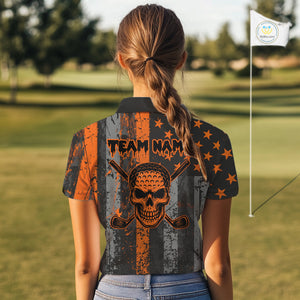 Custom Orange Grunge American Flag Patriotic Skull Halloween Golf Shirt For Women, Ladies Golf top NQS10483