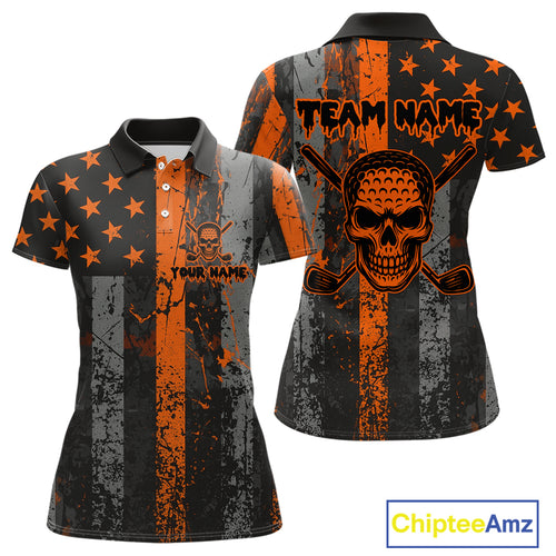 Custom Orange Grunge American Flag Patriotic Skull Halloween Golf Shirt For Women, Ladies Golf top NQS10483