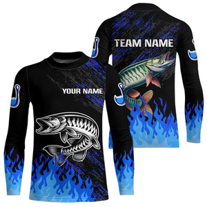 Blue fire Musky fishing Custom performance long sleeve flame Muskie fishing tournament shirts for team NQS9744