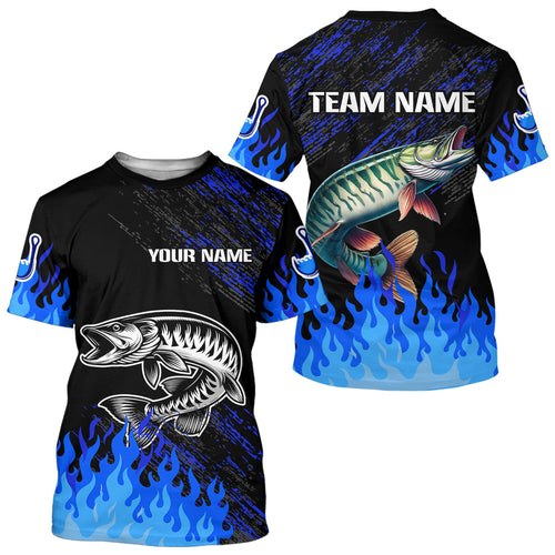 Blue fire Musky fishing Custom performance long sleeve flame Muskie fishing tournament shirts for team NQS9744