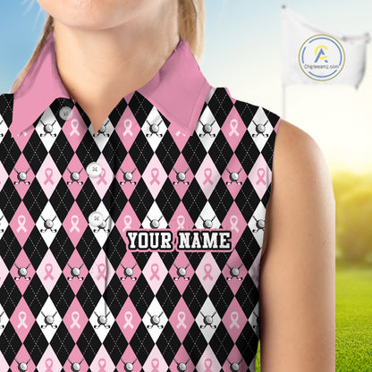 Black & Pink ribbons argyle pattern Sleeveless polo shirt Custom Breast Cancer Awareness golf outfit NQS10513