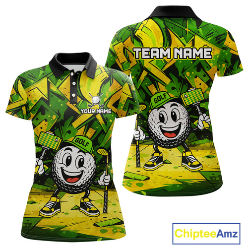 Green and Yellow camo funny golf ball Women golf polo shirts custom team golf outfits for ladies NQS10176