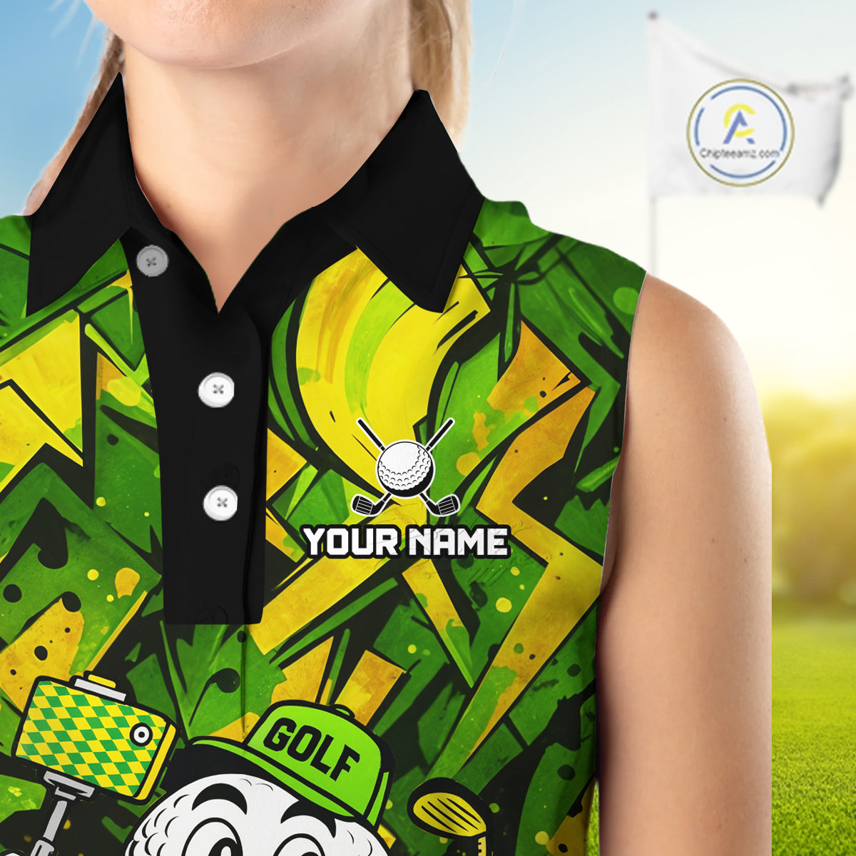 Green and Yellow camo funny golf ball Women sleeveless polo shirt custom team golf outfits for ladies NQS10176