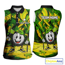 Load image into Gallery viewer, Green and Yellow camo funny golf ball Women sleeveless polo shirt custom team golf outfits for ladies NQS10176