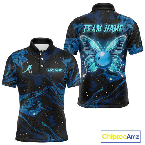 Blue Butterflies Bowling Polo, Quarter-Zip Shirts For Men Custom Team Bowling League Jersey NQS10578