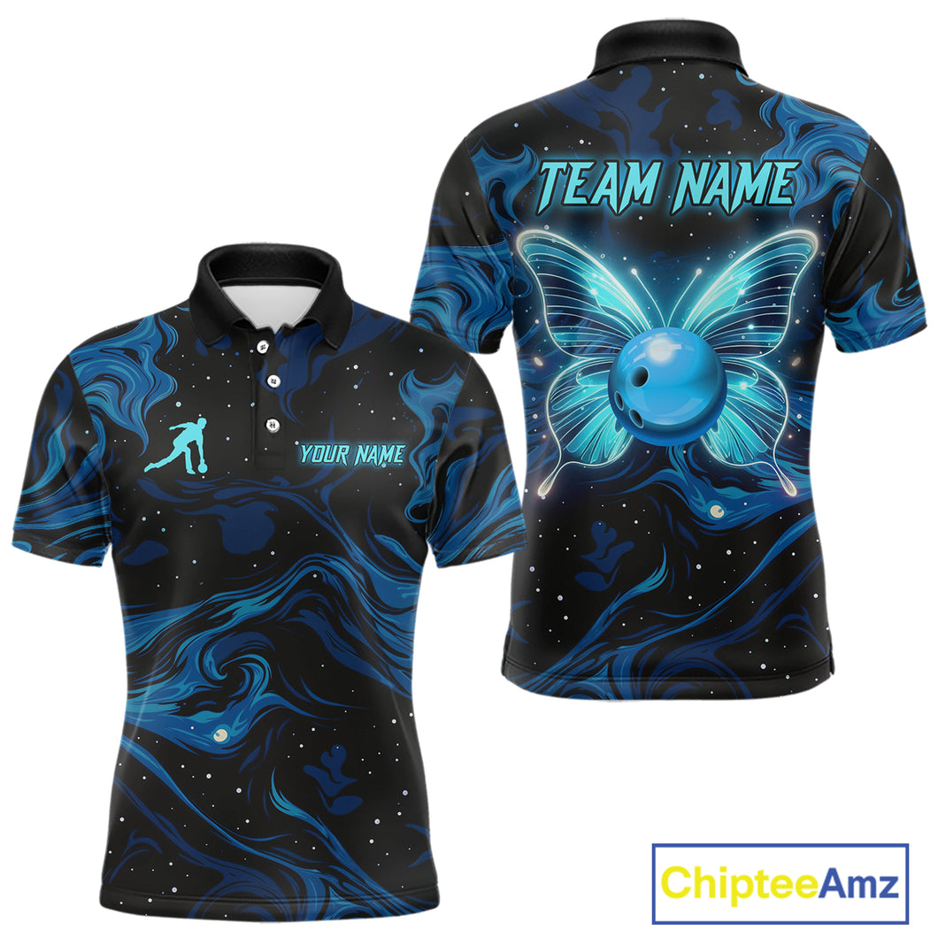 Blue Butterflies Bowling Polo, Quarter-Zip Shirts For Men Custom Team Bowling League Jersey NQS10578