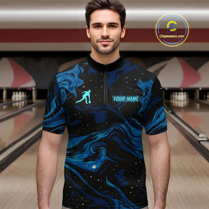 Blue Butterflies Bowling Polo, Quarter-Zip Shirts For Men Custom Team Bowling League Jersey NQS10578