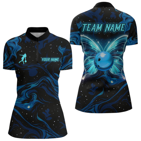 Blue Butterflies Bowling Polo, Quarter-Zip Shirts For Women Custom Team Bowling League Jersey NQS10578