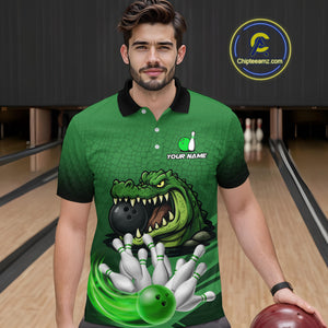 Funny Green Alligator Bowling Polo, Quarter Zip shirts for Men Custom Team bowling league jersey NQS10588