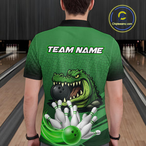 Funny Green Alligator Bowling Polo, Quarter Zip shirts for Men Custom Team bowling league jersey NQS10588