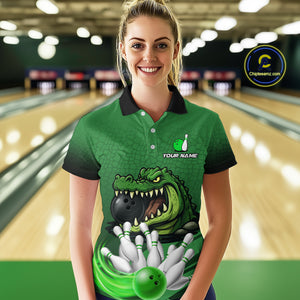 Funny Green Alligator Bowling Polo, Quarter Zip shirts for Women Custom Team bowling league jersey NQS10588