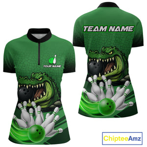 Funny Green Alligator Bowling Polo, Quarter Zip shirts for Women Custom Team bowling league jersey NQS10588