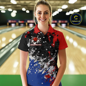 Red, White and Blue Camo Bowling Polo, Quarter Zip shirts for Women Custom Patriotic Gift For Bowlers NQS10589