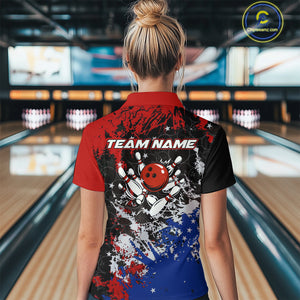 Red, White and Blue Camo Bowling Polo, Quarter Zip shirts for Women Custom Patriotic Gift For Bowlers NQS10589