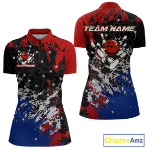 Red, White and Blue Camo Bowling Polo, Quarter Zip shirts for Women Custom Patriotic Gift For Bowlers NQS10589