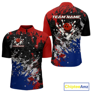 Red, White and Blue Camo Bowling Polo, Quarter Zip shirts for Men Custom Patriotic Gift For Bowlers NQS10589