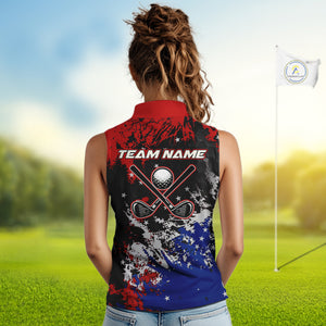Red, White and Blue Women Sleeveless polo shirt Custom Patriotic Gift For Golfers, Ladies golf outfit NQS10590