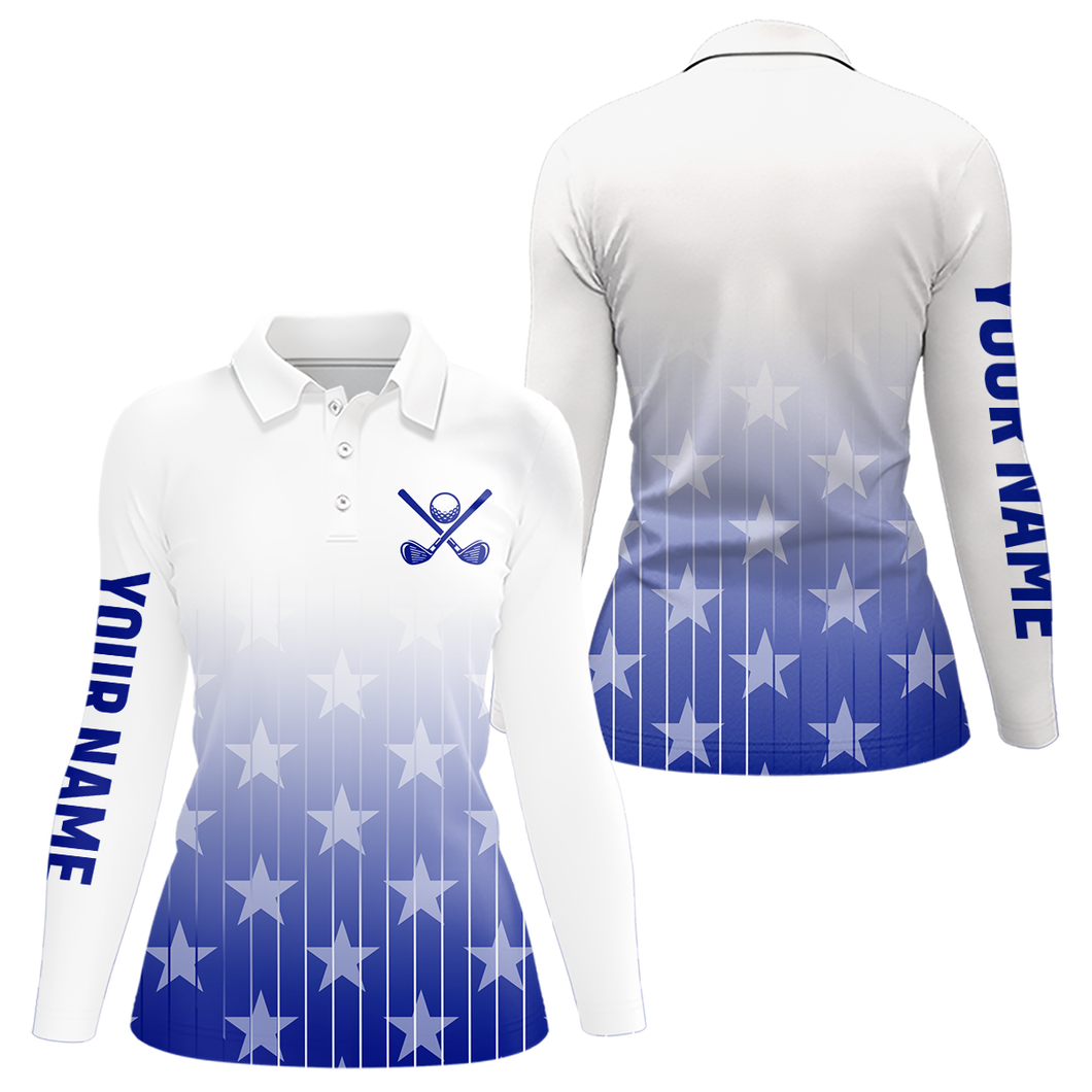 Personalized blue stars pattern white golf polos shirts for women custom gifts for the golfer NQS9965
