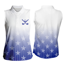 Load image into Gallery viewer, Blue stars pattern white ladies sleeveless golf polos shirts, gifts for the golfer NQS9965