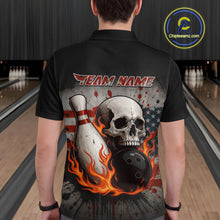 Load image into Gallery viewer, Personalized American Flag Flame Skull Bowling Shirts For Men Custom Patriotic Bowling Team Jersey NQS10462