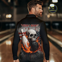 Load image into Gallery viewer, Personalized American Flag Flame Skull Bowling Shirts For Men Custom Patriotic Bowling Team Jersey NQS10462